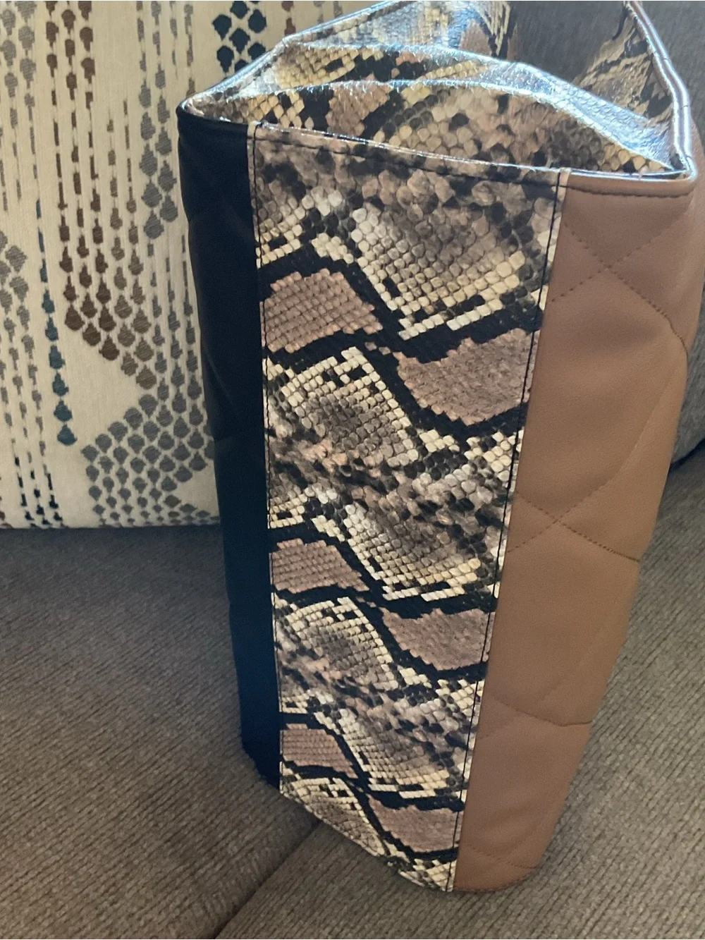 Chico’s Structured Camel and Black Tote Handbag with Snake-Print Trim NWOT